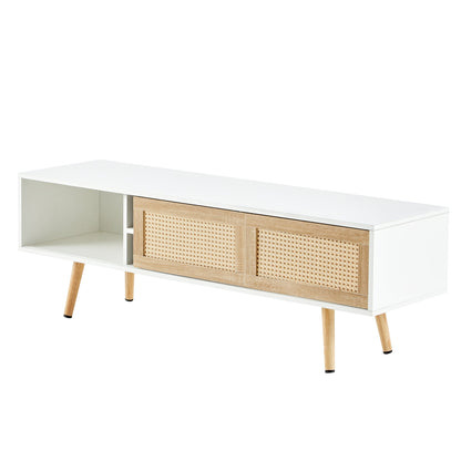 55.12" Rattan TV cabinet double sliding doors for storage adjustable shelf solid wood legs TV console for living room  White