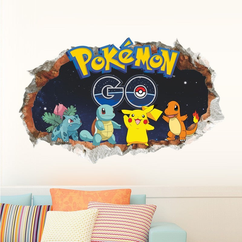 New 3D Pikachu Wall Sticker Pok é mon Wallpaper Self adhesive Cartoon Graffiti Anime Poster Children's Room PVC