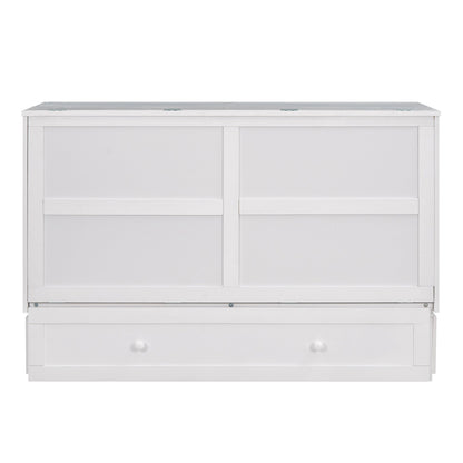 Queen Size Mobile Murphy Bed with Drawer and Little Shelves on Each Side White