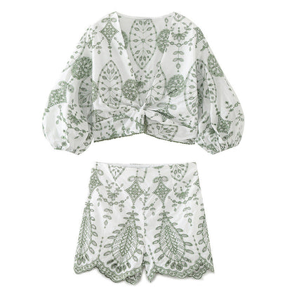 Fashionable Casual Loose Embroidered Short Top and Shorts for Women