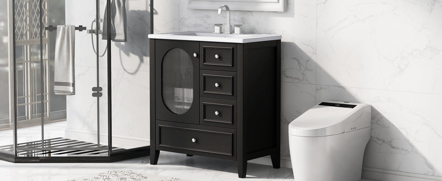 30" Bathroom Vanity with Sink, Bathroom Vanity Cabinet with Three Drawers and Door, Solid Wood and MDF, Black