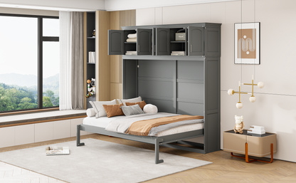 Full Size Murphy Bed Wall Bed with Top Cabinets,Gray