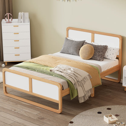 Modern Style Queen Size Solid Wood Platform Bed for Kids, Teens, Adults, No Need Box Spring, Walnut and White