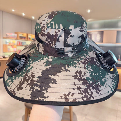Solar powered fan large brim hat men's outdoor sunshade hat mountain climbing fisherman hat