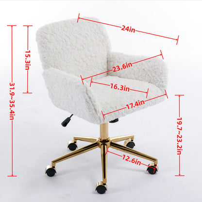 Artificial rabbit hair gold metal base home office chair adjustable chair rotating office chair, dressing chair (beige)