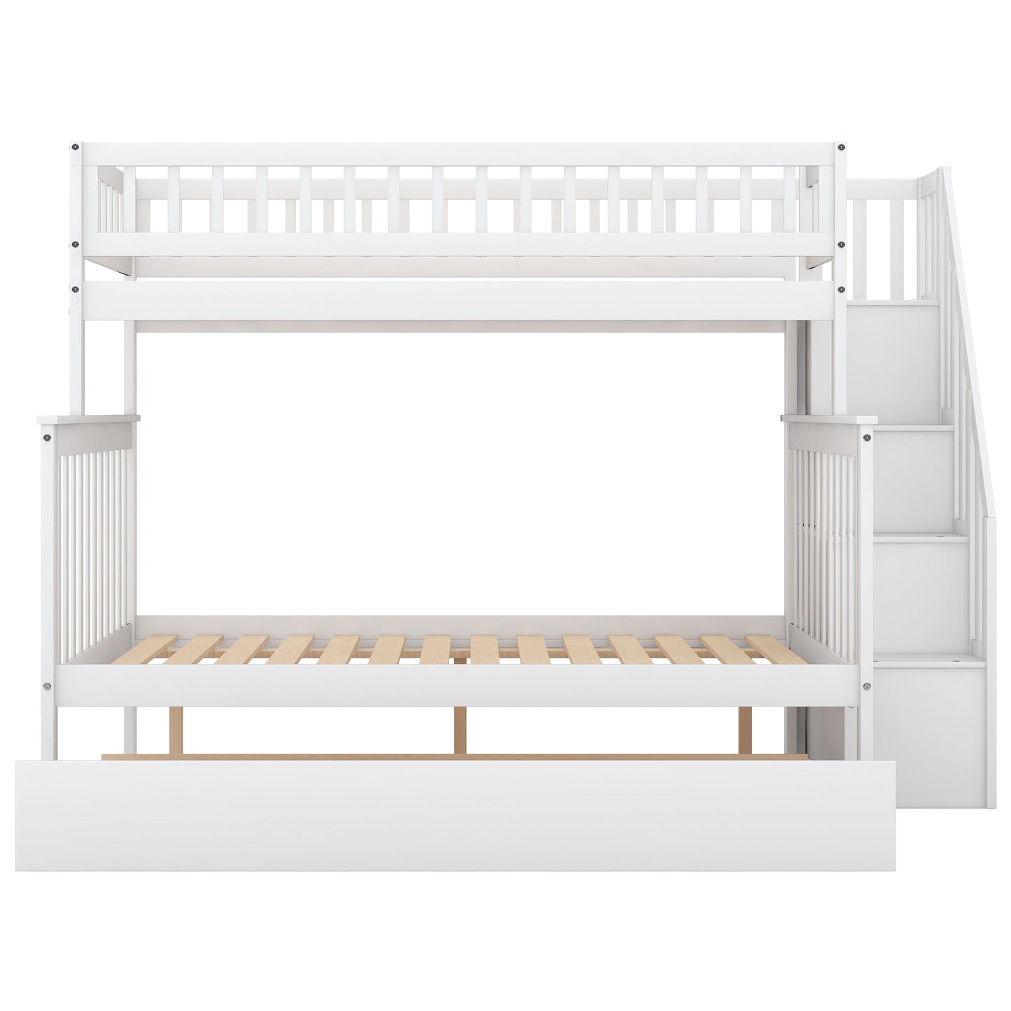 Twin over Full Bunk Bed with Trundle and Staircase White