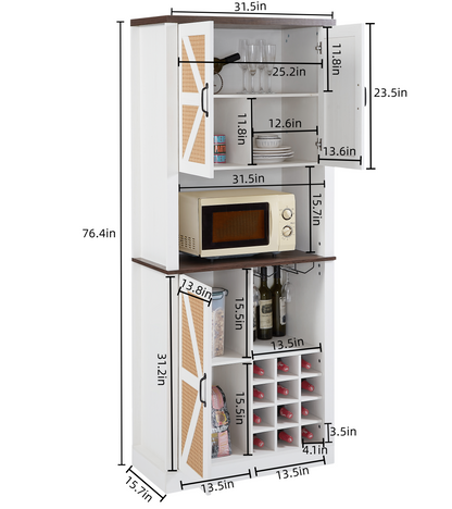 76 Inch Tall Farmhouse Kitchen Faux Rattan Wine Cabinet, Kitchen Bar Cabinet with Square Compartments and Shelves