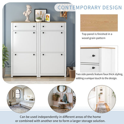 ONTREND ultra-thin shoe cabinet set with 4 flip drawers and adjustable panel top shoe rack, white