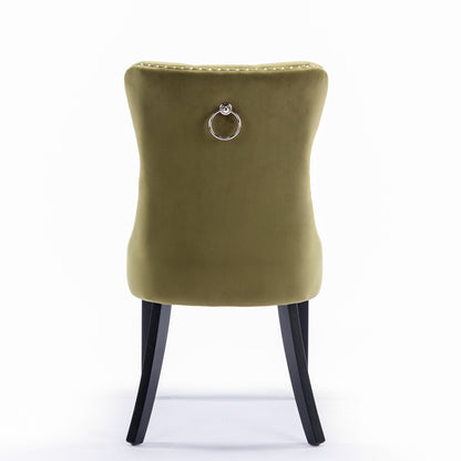 High-end Tufted Solid Wood Contemporary Velvet Upholstered Dining Chair with Wood Legs Nailhead Trim 2-Pcs Set Olive-Green