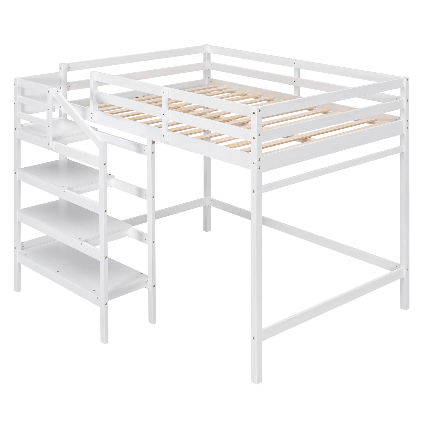 Full Size Loft Bed with Built-in Storage Staircase and Hanger for Clothes  White
