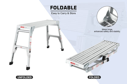 Aluminum Work Platform Large Size Step Stool Folding Portable Work Bench 40" Width Telescopic Feet 22" -27.5" Height Adjustable