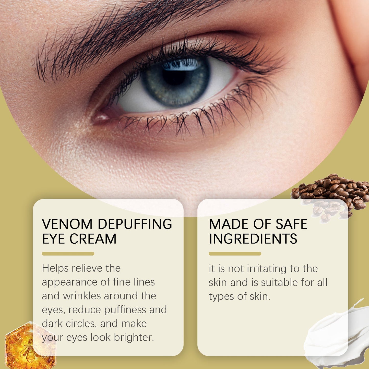 Bee Venom Eye Cream, gently hydrates and moisturizes the skin around the eyes to improve elasticity