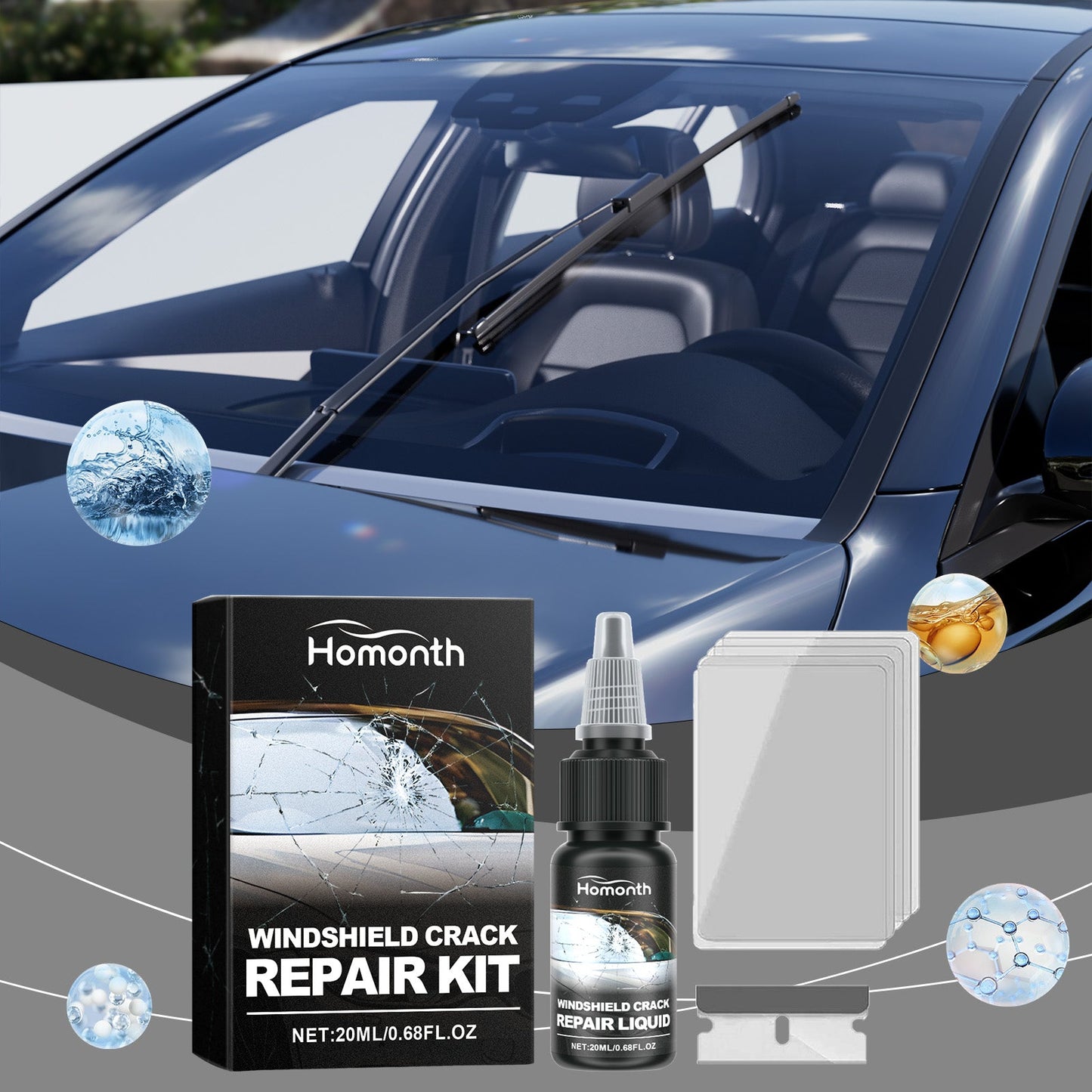 HOMONTH Windshield Crack Repair Kit, Clear Vision Automotive Front Windshield Nano Repair Solution Set