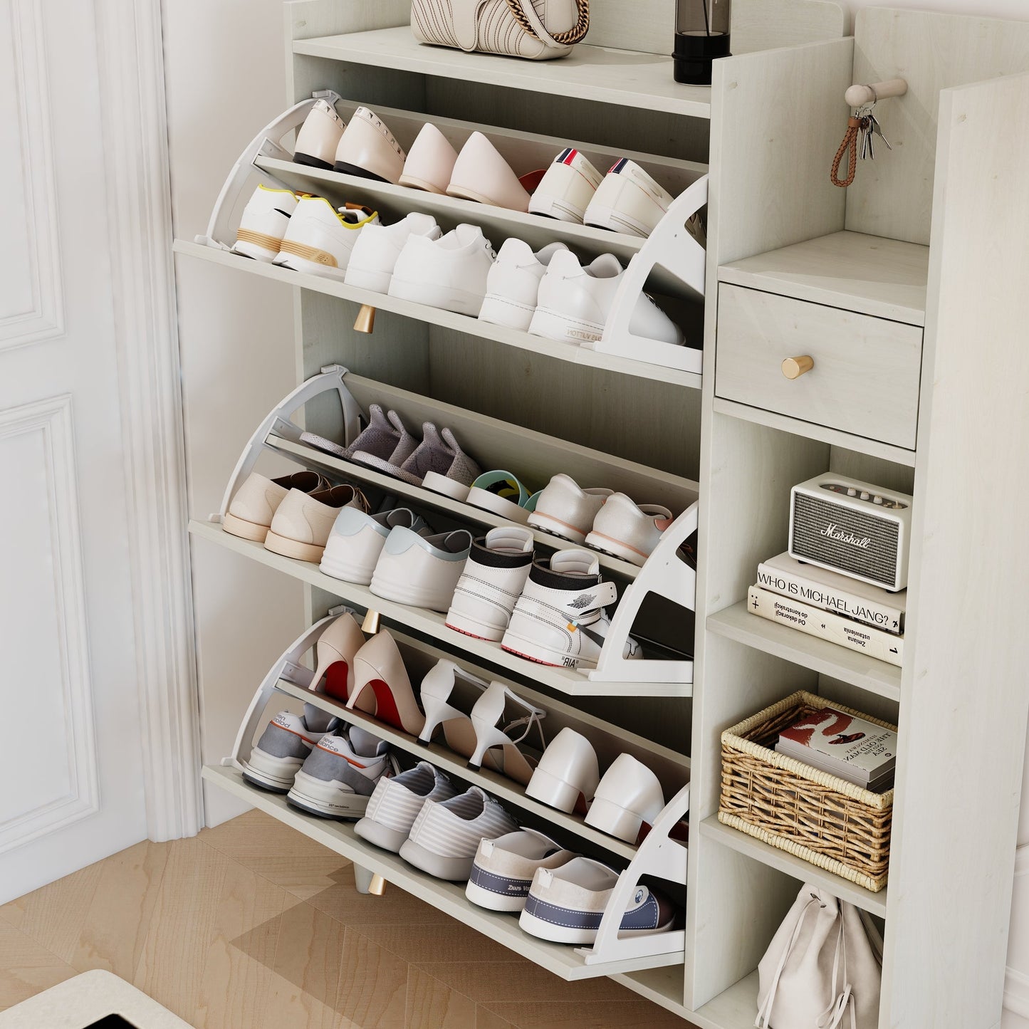 Natural Bohemian style shoe cabinet with 3 rattan flip drawers, 3 square shelves, and 1 storage drawer, white