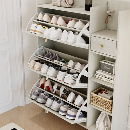 Natural Bohemian style shoe cabinet with 3 rattan flip drawers, 3 square shelves, and 1 storage drawer, white