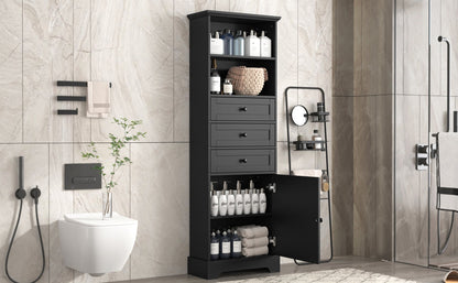 Black high storage cabinet with 3 drawers and adjustable shelves, MDF board painted