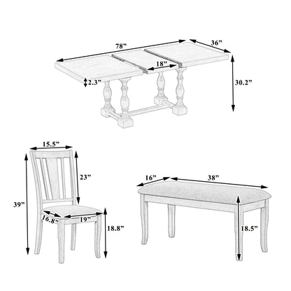Traditional 6-Piece 78inch Trestle Extendable Dining Table Set with One 18inch Removable Leaf Padded Dining Chairs Bench,Natural