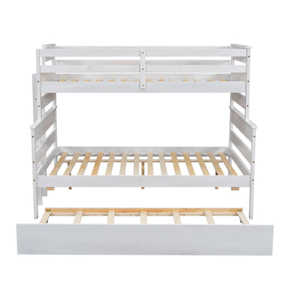 Wood Twin over Full Bunk Bed with Twin Size Trundle  White