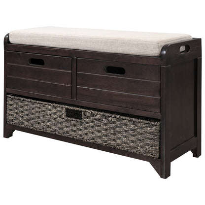 TREXM Storage Bench with Removable Basket and 2 Drawers, Fully Assembled Shoe Bench with Removable Cushion (Espresso)