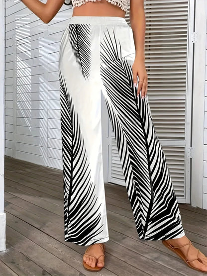 Fashionable and elegant striped leaf positioning printed wide leg pants for women