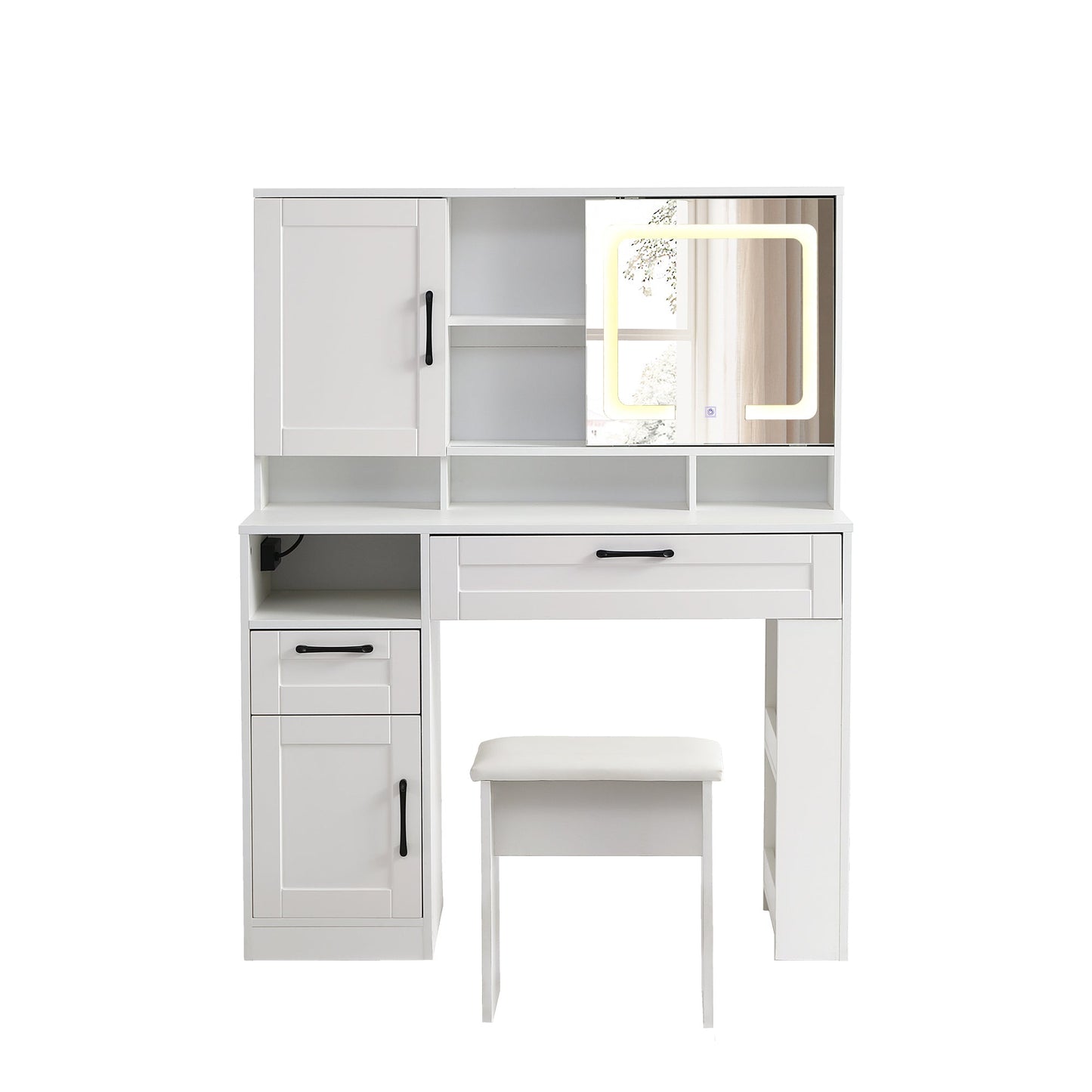 Vanity table with large sliding lighted mirror dressing table with 2 drawers storage shelves and upholstered stool white color