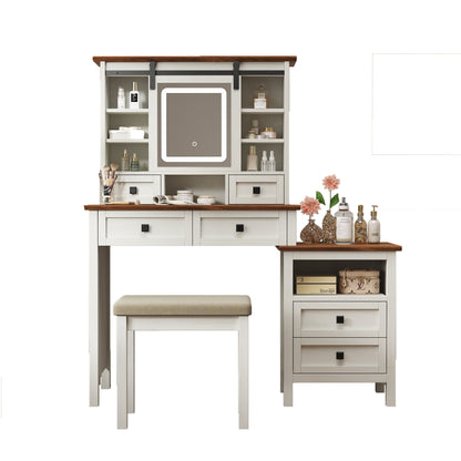 46.5-inch dressing table with adjustable LED lighting mirror and charging station, equipped with soft cushioned stool