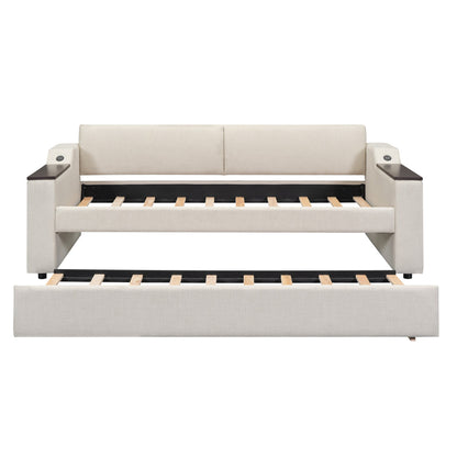 Twin Size Upholstery Daybed with Storage Arms  Trundle and USB Design Beige
