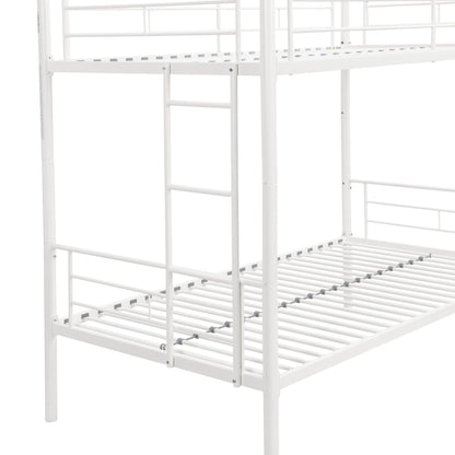 Twin metal bunk beds, metal structure bed frame with safety guardrails and 2 ladders, convertible bunk beds, white