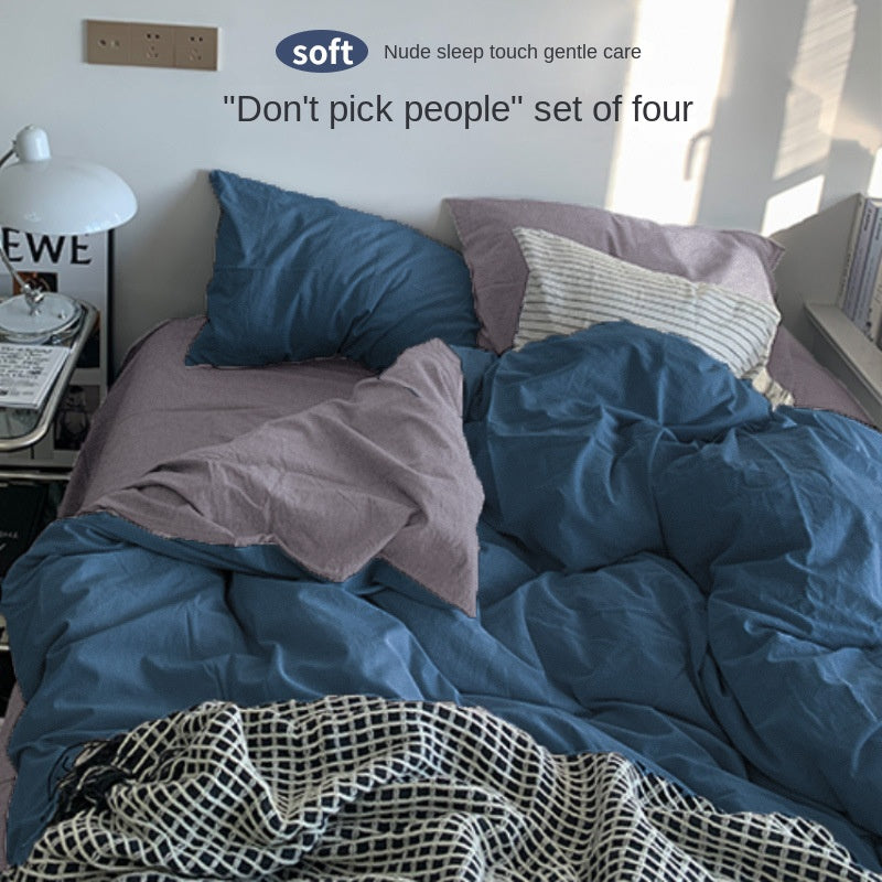 Solid Color Simple Four-Piece Set Flannel Quilt Cover INS Style Quilt Cover Dormitory Summer Washed Cotton Bedding Three-Piece Set