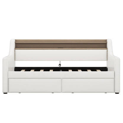 Twin Size Daybed with Drawers, Upholstered Daybed with Charging Station and LED Lights, White