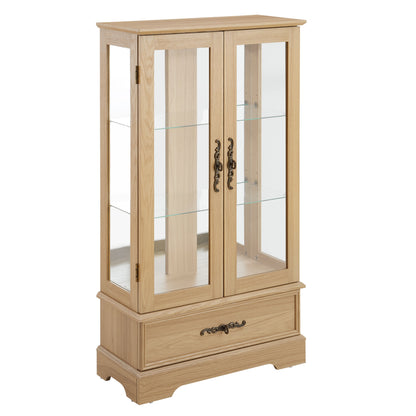 Light colored glass cabinet with adjustable glass frame, including cabinet light bulbs OAK with 2 doors and 1 drawer