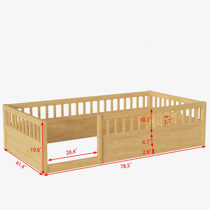 Twin Floor Bed Frame with Fence, Wood Kids Floor Beds Frame for Bedroom Playroom,Natural