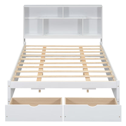 Queen Size Platform Bed with Storage Headboard and 2 Drawers, White