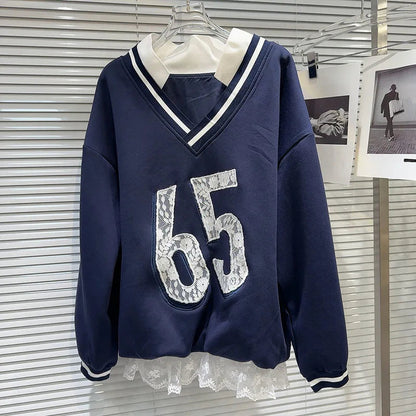 Autumn New Fashion Women's Set V-neck Digital Pattern Embroidered Hoodie Elastic Waist Lace Edge Shorts