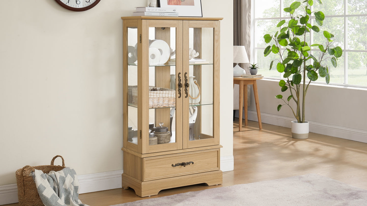 Light colored glass cabinet with adjustable glass frame, including cabinet light bulbs OAK with 2 doors and 1 drawer