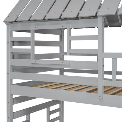 Twin over Twin House Bunk Bed with Trundle and Slide Storage Staircase, Roof and Window Design  Gray