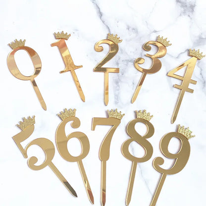 0-9 Crown Number Happy Birthday Cake Topper Gold Acrylic Wedding Party Cupcake Toppers for Baby Shower Gift Dessert Decoration