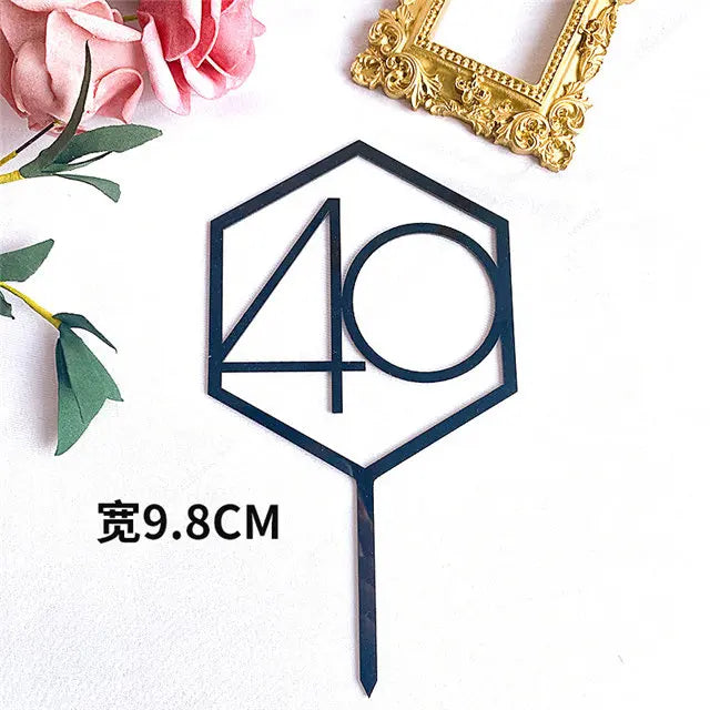 Numbers18-60 Happy Birthday Cake Topper Gold Silver Hexagonal Acrylic Anniversary Party Cupcake Topper Cakes Dessert Decoration
