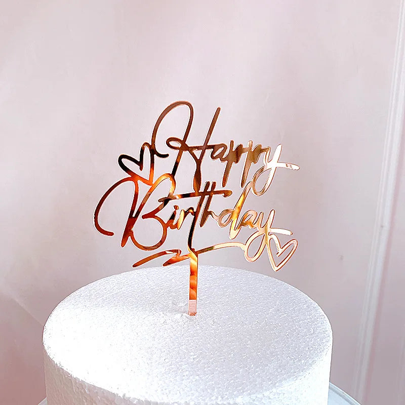 Gold Silver Happy Birthday Cake Toppers Acrylic Classic Birthday Cupcake Topper Dessert Decoration For Baby Shower Cake Supplies