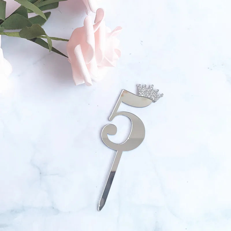 0-9 Crown Number Happy Birthday Cake Topper Gold Acrylic Wedding Party Cupcake Toppers for Baby Shower Gift Dessert Decoration