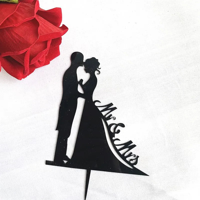 New MR&MRS Happy Wedding Cake Topper Gold Black Acrylic Ring Groom Bride Cake Topper Wedding Engagement Party Dessert Decoration
