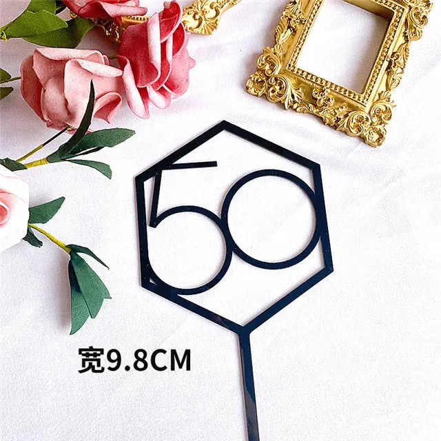 Numbers18-60 Happy Birthday Cake Topper Gold Silver Hexagonal Acrylic Anniversary Party Cupcake Topper Cakes Dessert Decoration