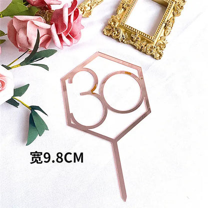 Numbers18-60 Happy Birthday Cake Topper Gold Silver Hexagonal Acrylic Anniversary Party Cupcake Topper Cakes Dessert Decoration