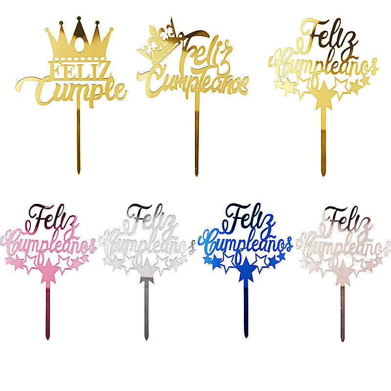 ins Spanish Happy Birthday Cake Topper Golden Crown Acrylic Birthday Party Cake Toppers For Baby Shower Cake Dessert Decorations