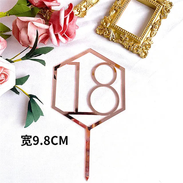 Numbers18-60 Happy Birthday Cake Topper Gold Silver Hexagonal Acrylic Anniversary Party Cupcake Topper Cakes Dessert Decoration