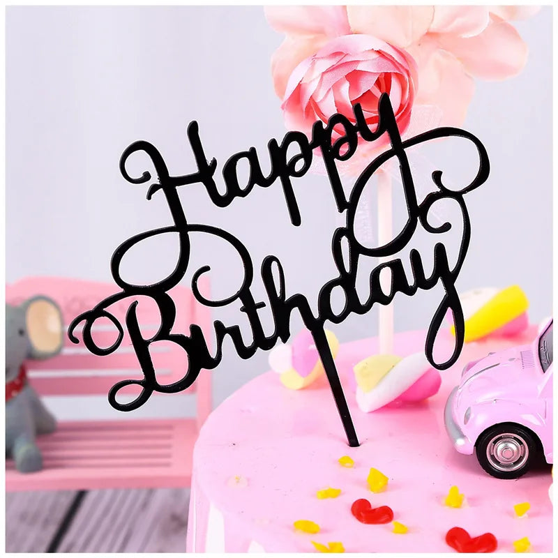 New Happy Birthday Cake Topper Red gold silver Acrylic Birthday theme party cake toppers decoration For Kids birthday cakes gift