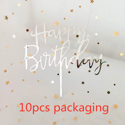 10 Pcs 1 Set Acrylic Happy Birthday Cake Topper Gold Silver Simple Design Kids Birthday Party Cake Toppers Dessert Decoration