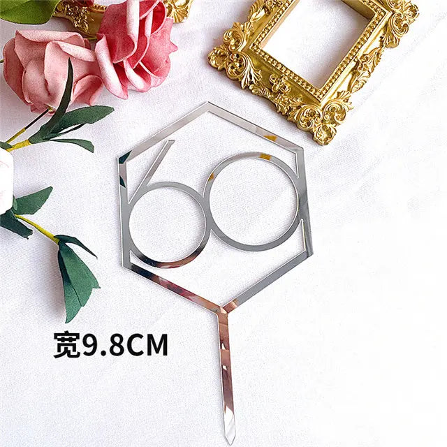Numbers18-60 Happy Birthday Cake Topper Gold Silver Hexagonal Acrylic Anniversary Party Cupcake Topper Cakes Dessert Decoration