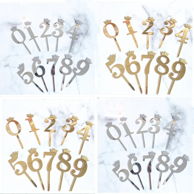 0-9 Crown Number Happy Birthday Cake Topper Gold Acrylic Wedding Party Cupcake Toppers for Baby Shower Gift Dessert Decoration