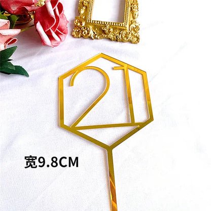 Numbers18-60 Happy Birthday Cake Topper Gold Silver Hexagonal Acrylic Anniversary Party Cupcake Topper Cakes Dessert Decoration